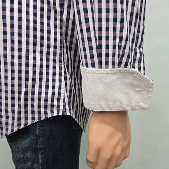 JOHNSTON & MURPHY Dress Shirt Sz M Tailored fit Contrast Flip Cuff Gingham check - Picture 5 of 12